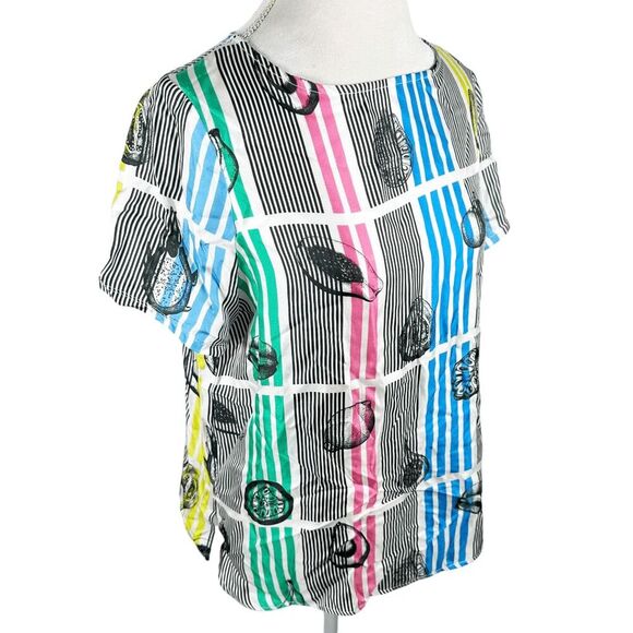 Vilagallo Colorful Stripe Fruit Slice Print Top Neck tie Silk Boxy Size 44 US 10 - Picture 9 of 11